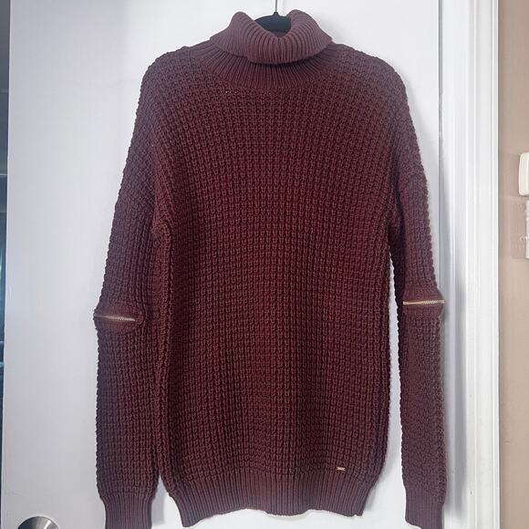 Guess Women’s Turtleneck Sweater Medium Brown Knit Long Sleeve Zip Detail - Picture 1 of 5